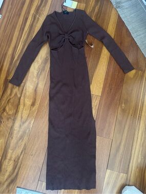 Knit Long-Sleeve Cutout Midi Dress in Brown